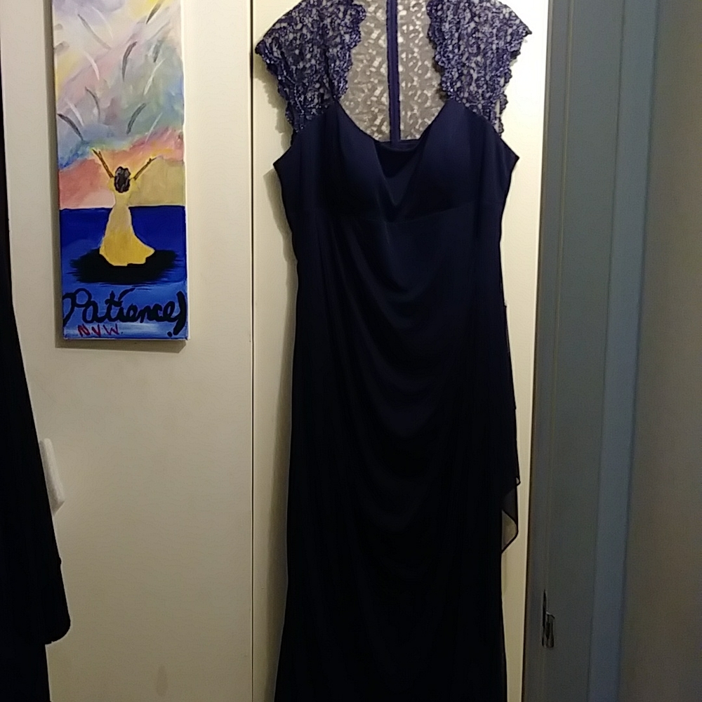 Xscape Navy Blue Lace Evening Dress